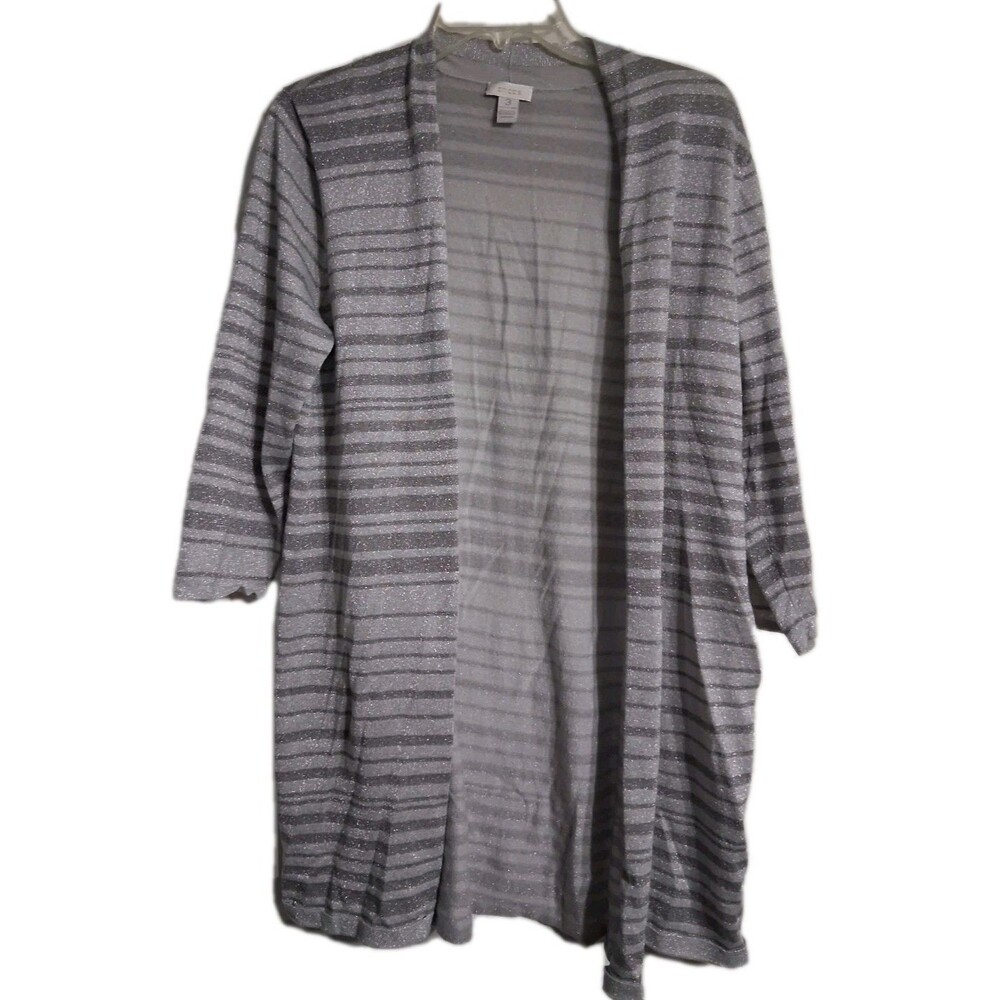 Women's Chico's Long 3/4 Sleeve Sparkly Silver Open Cardigan Size 3 (XL/16)